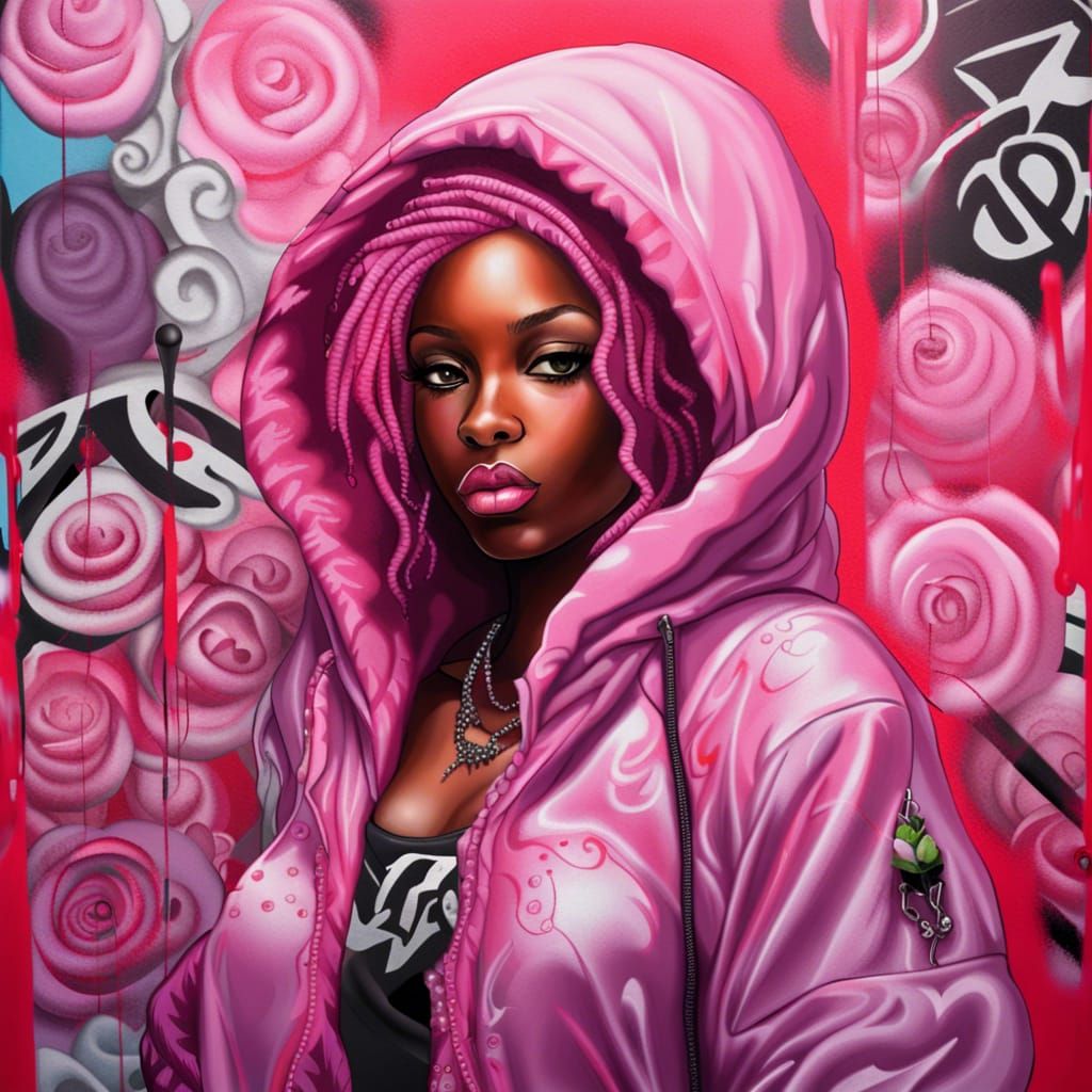 Ebony Woman in Pink Hood: Graffiti Art