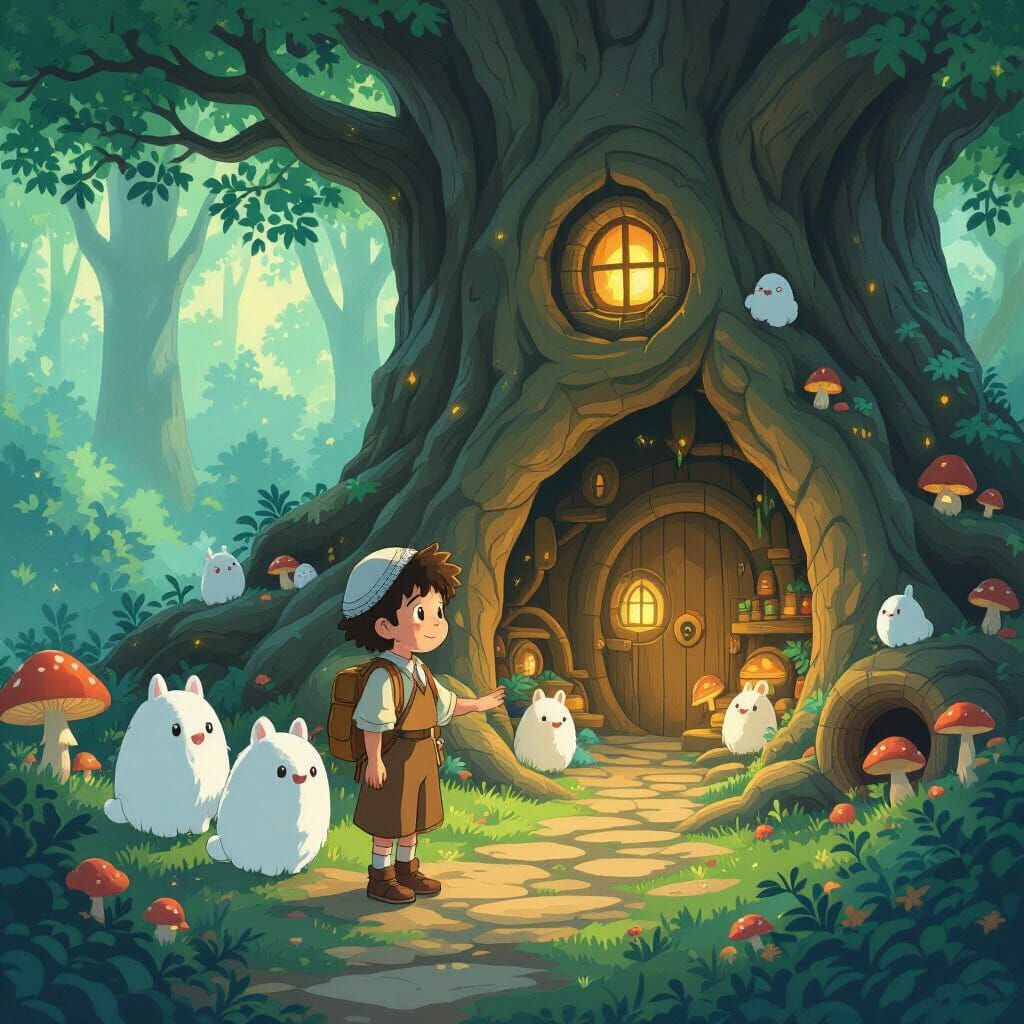 Boy Led to Hidden Village by Forest Spirits, Ghibli Style