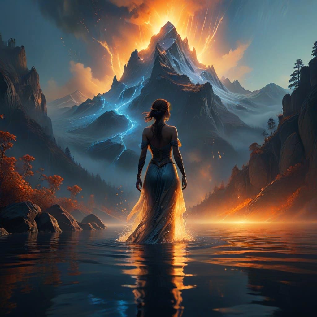 Ethereal Mist Woman Emerges from Mountain Lake