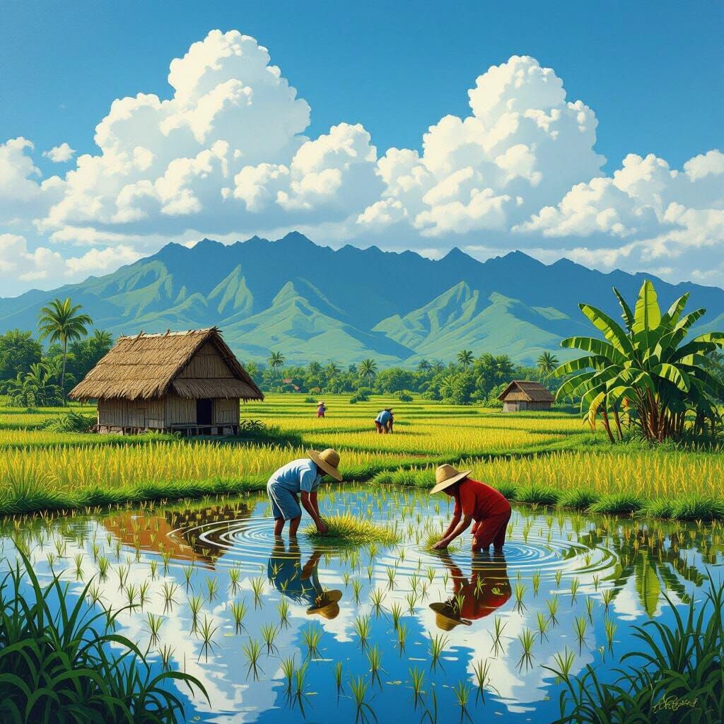 Lush Tropical Rice Field in Surreal Style