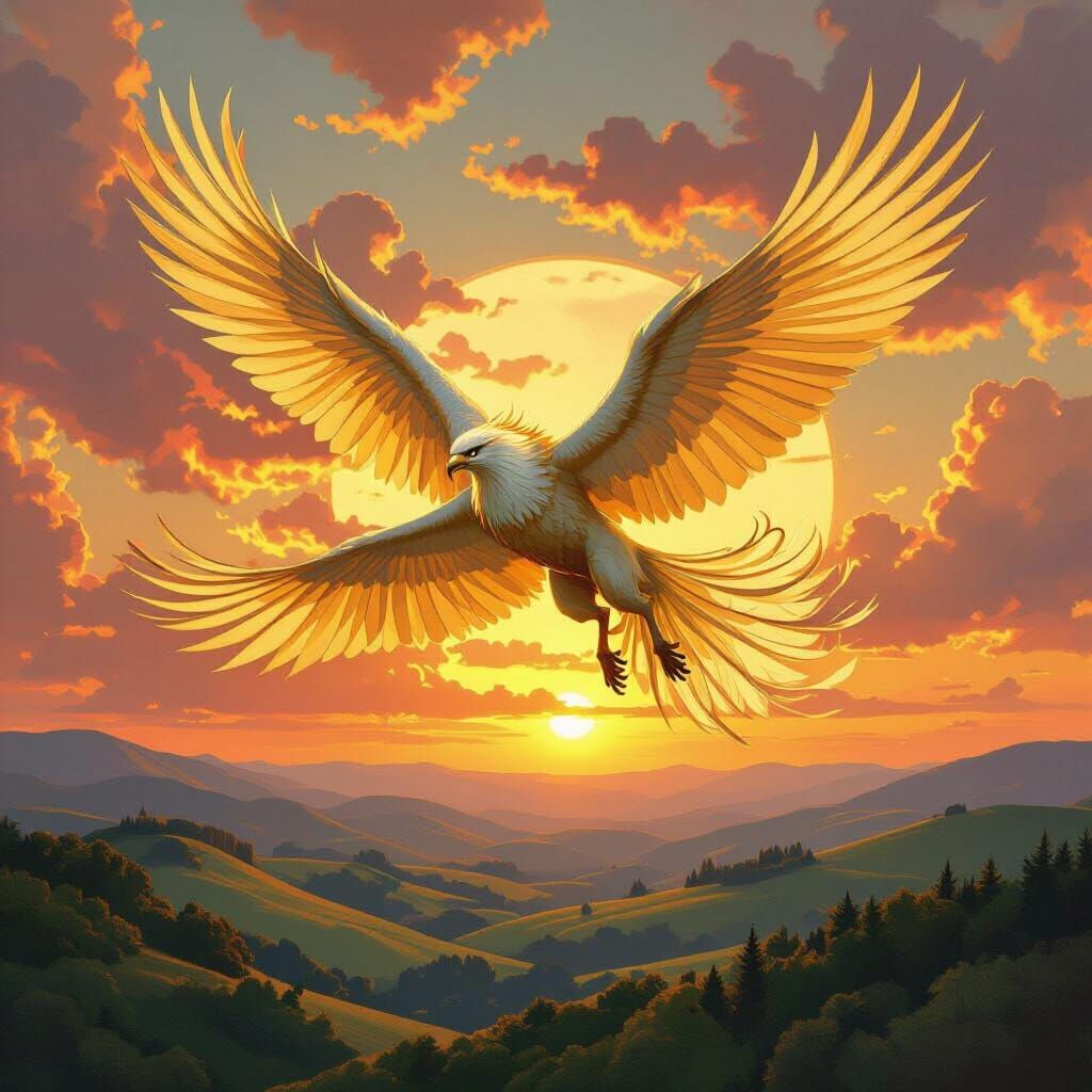 Griffin Soaring Through Sunset Sky in Art Nouveau Style
