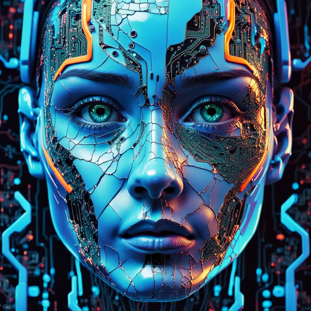 Surreal Robot Goddess with Circuit Board Skin and Shimmering...