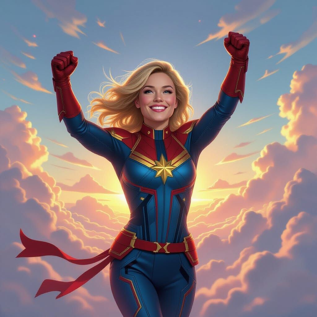 Captain Marvel Soars Happily in Ethereal Sky