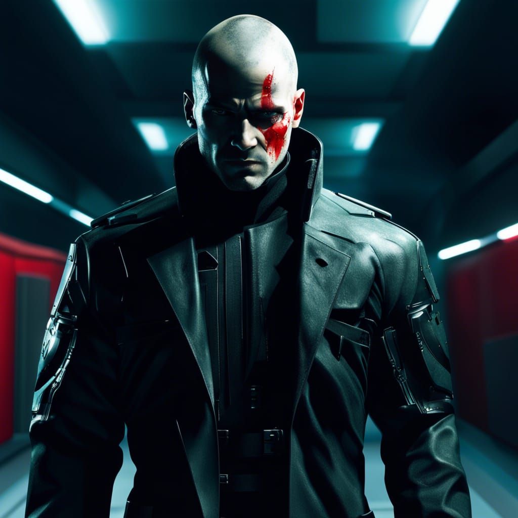 Menacing Soldier in Red Room: Film Noir Style