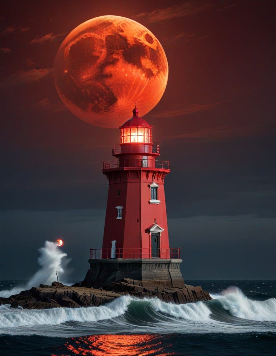 Deep Red Lighthouse Over Crimson Sea Under Crimson Moon