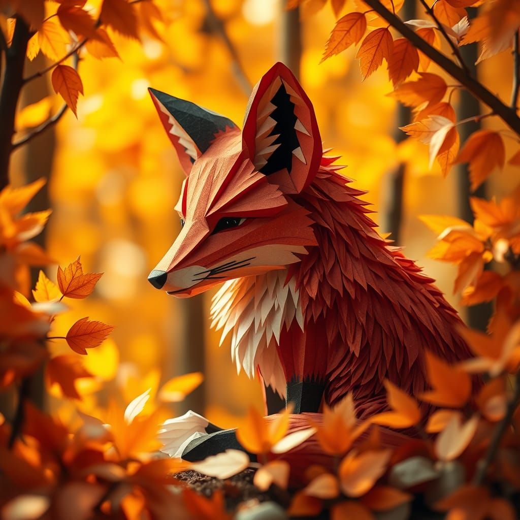 Origami Red Fox in Autumn Forest