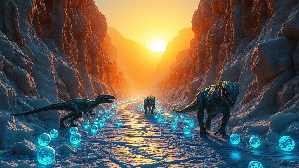 Mystical Canyon with Demon Raptors in Surreal Landscape