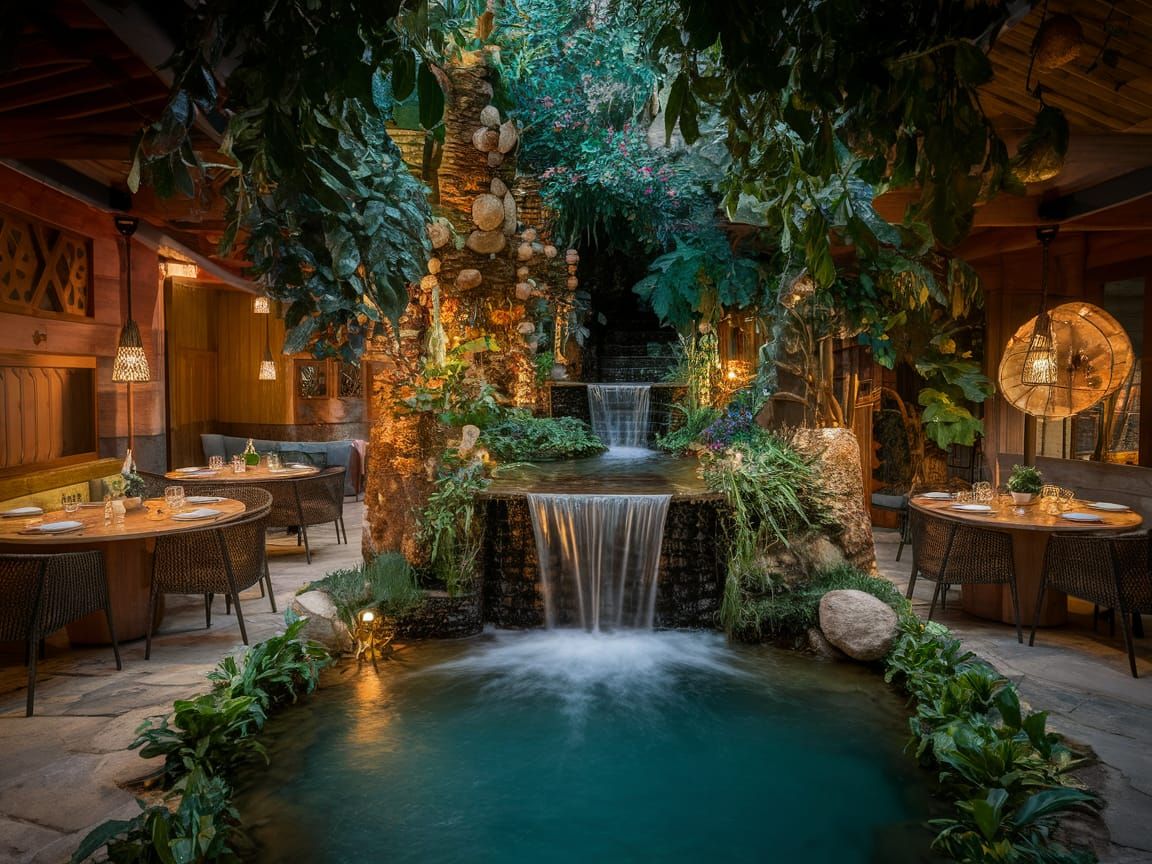 Enchanting Restaurant with Waterfall Dining Table
