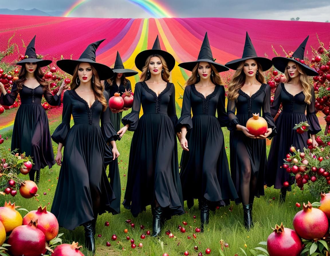 Multicolor Witches Dance in Rainbow Flower Field