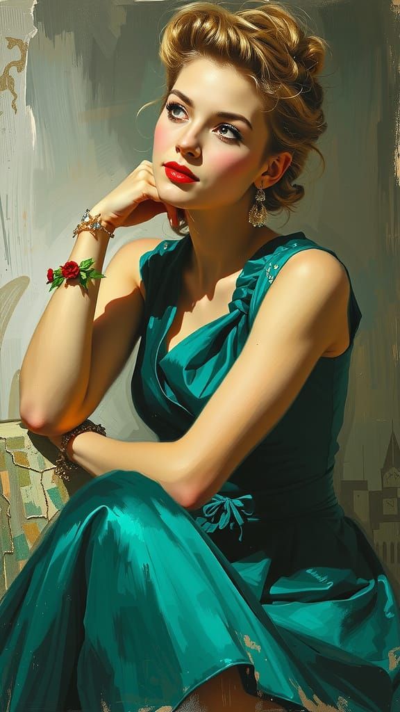 Woman in Green Dress: Art Nouveau Digital Painting