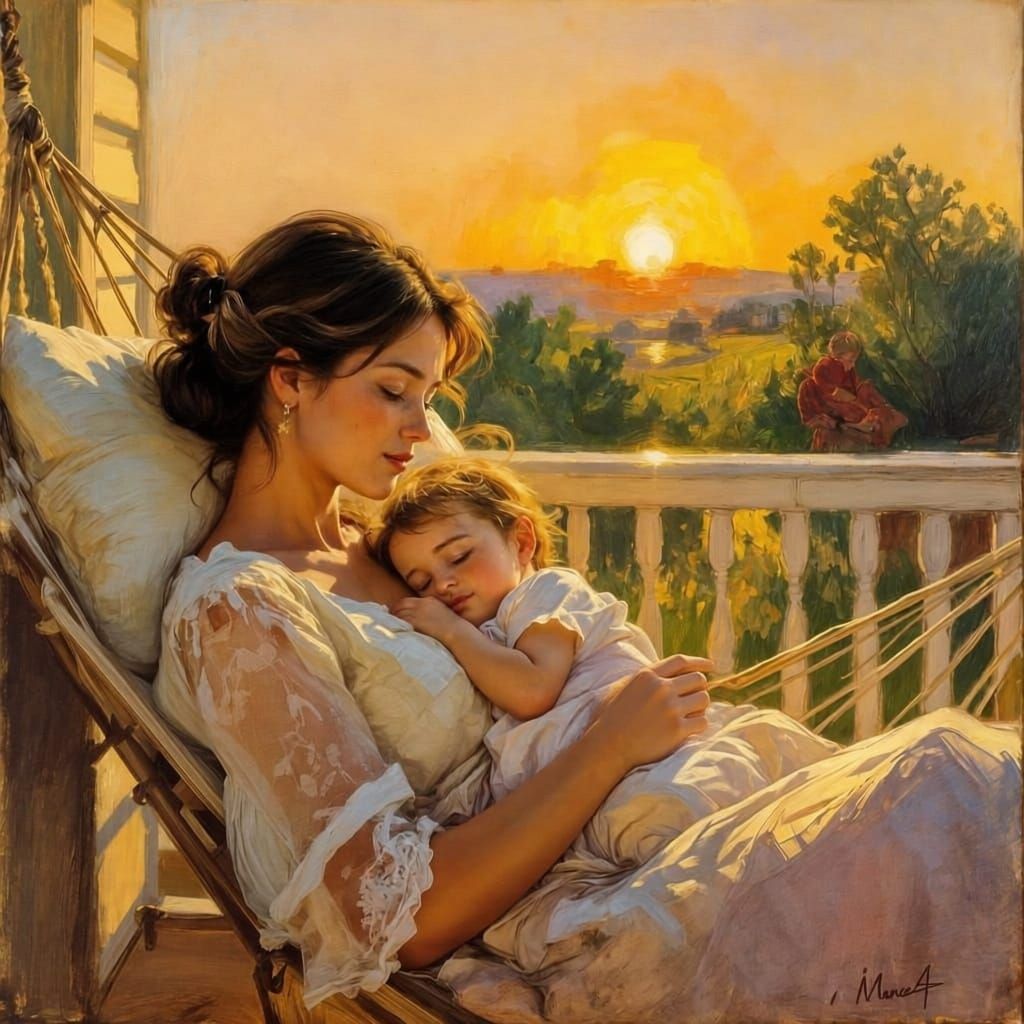 Mother and Child Napping in Golden Hour Light, Impressionist...