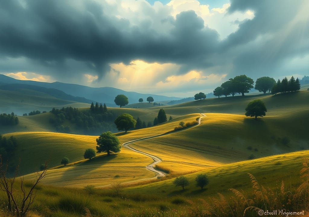 Mystical Rural Landscape with Stormy Sky