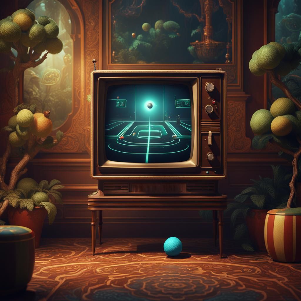 Retro PONG Game on Vintage TV in Detailed Matte Painting