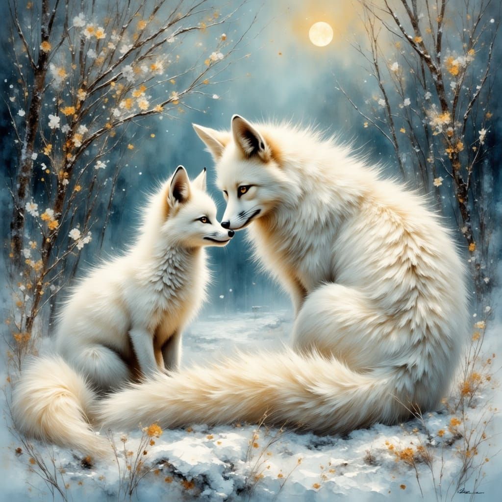 Elegant Arctic Fox Family in Winter Forest