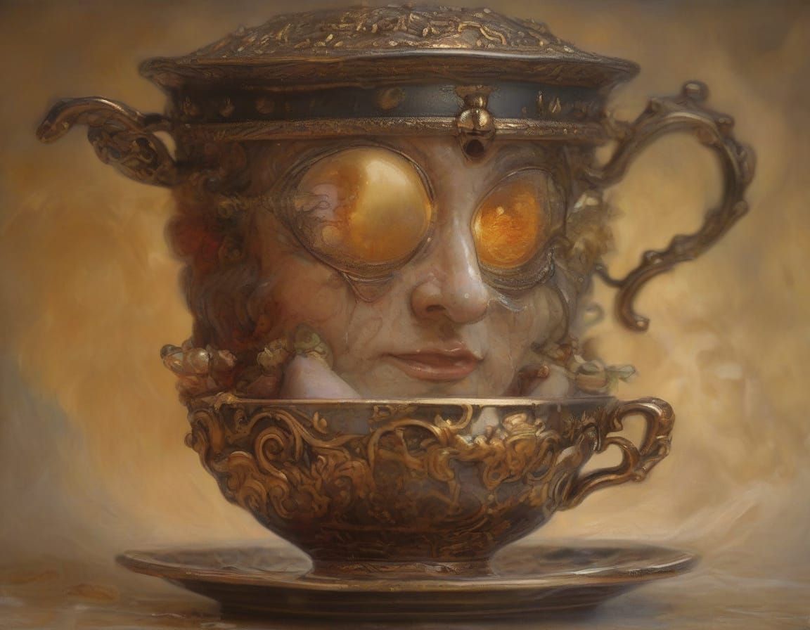 Steampunk Homunculus Sipping Tea in Alphonse Mucha Style