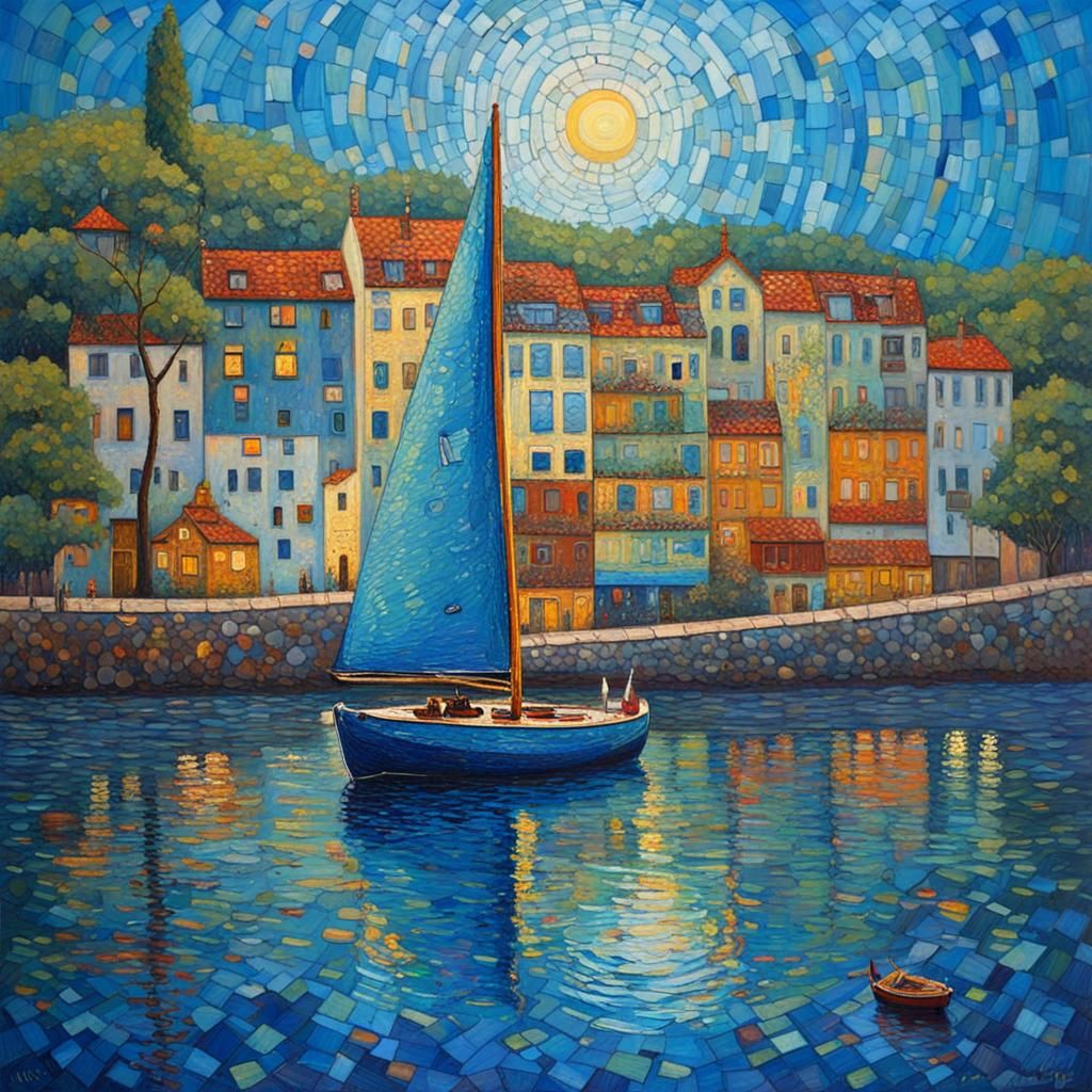 Ocean Sailboat Scene in Art Nouveau Style