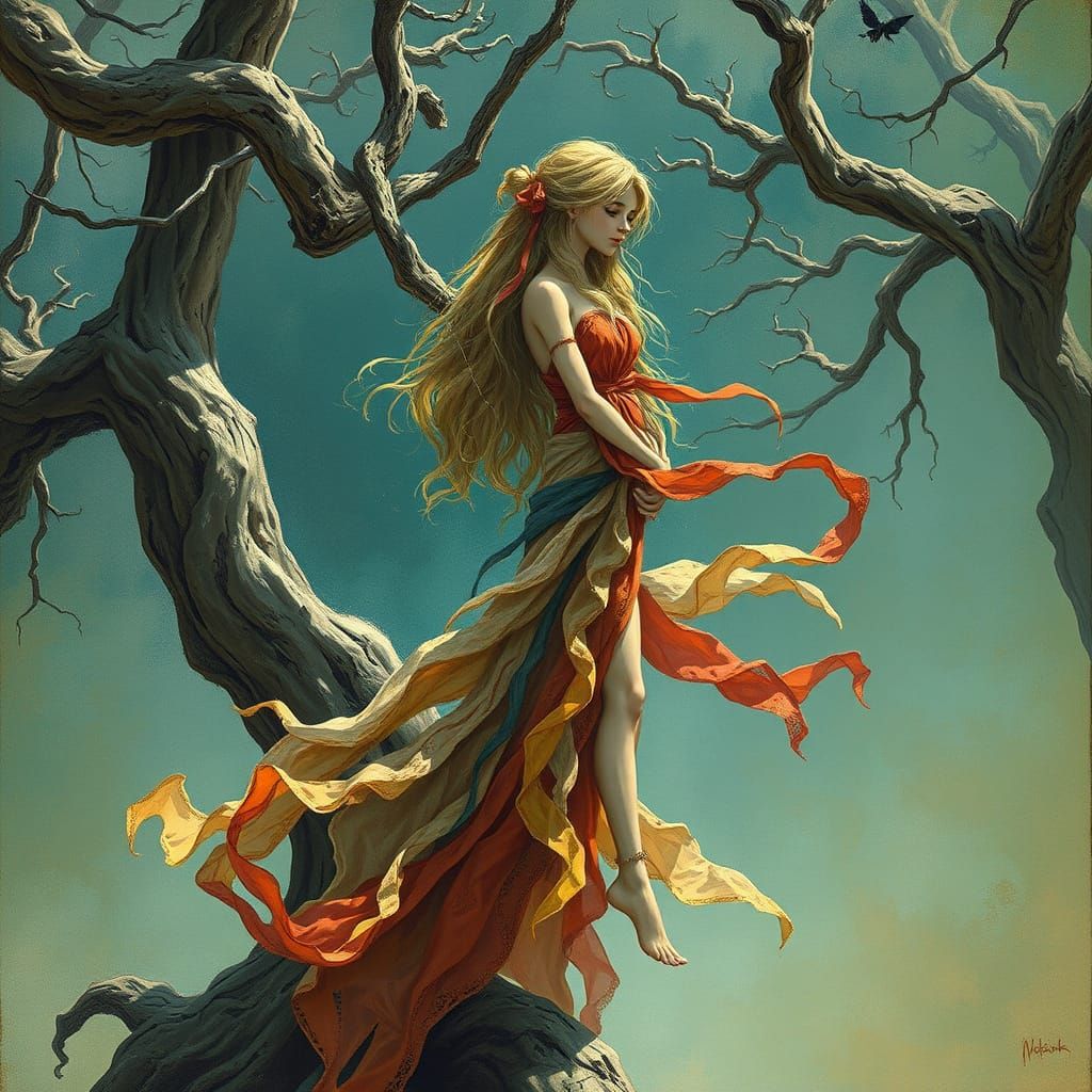 Dreamlike Femme Ensnared in Tree Branches