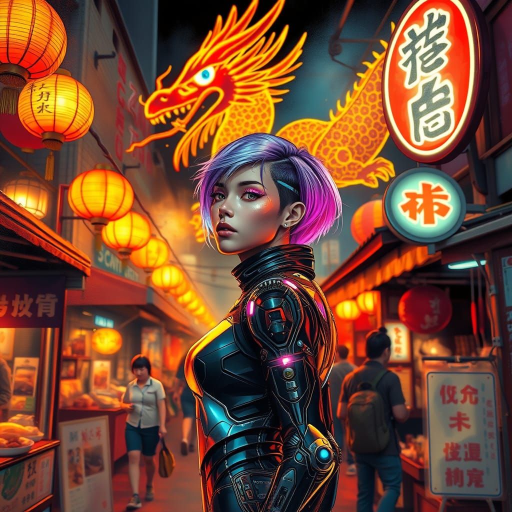 Cyberpunk Time Traveler in Ancient Japan