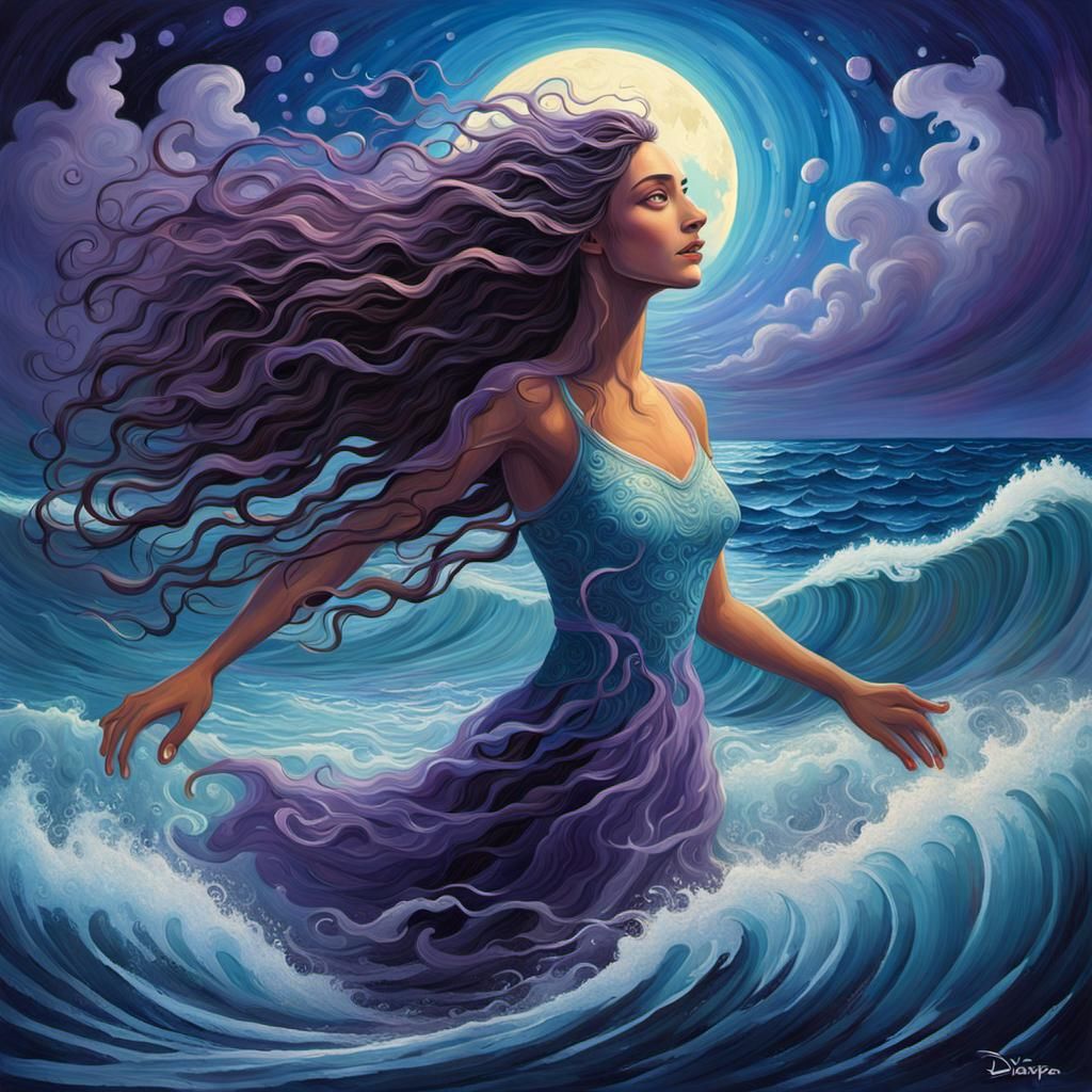 Mystical Woman Rising from Ocean in a Digital Art Style