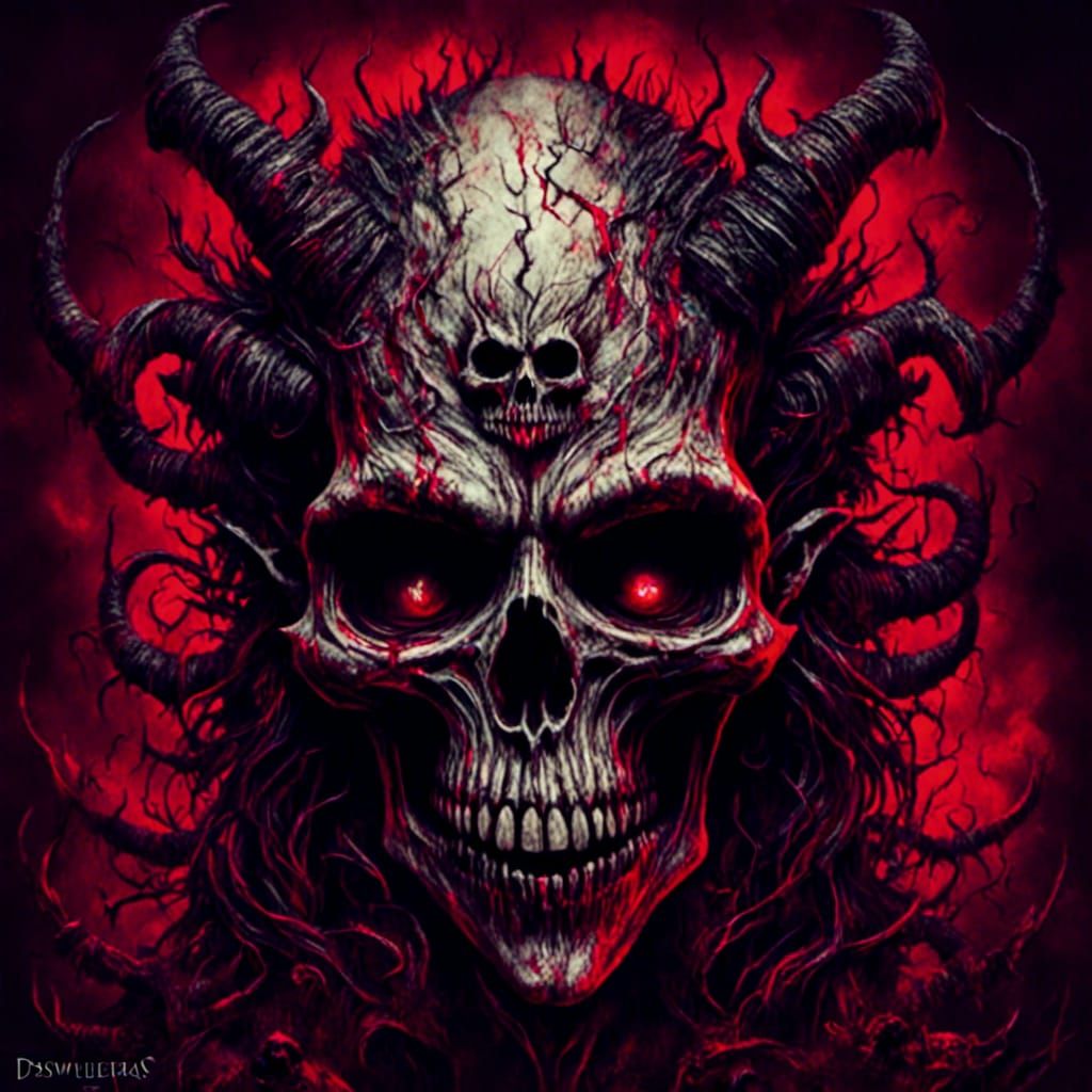 Demonic Skull in Psychedelic Horror Style