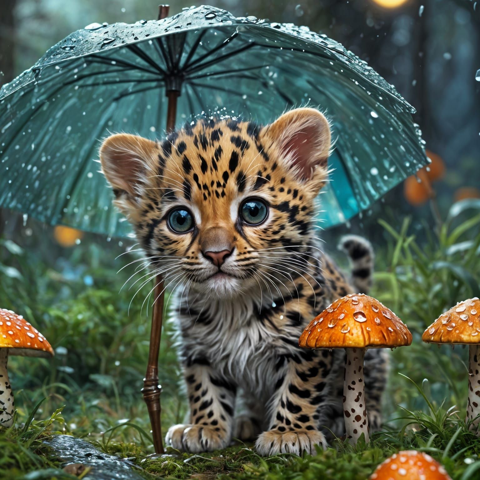 Fantastical Baby Leopard Kitten Under Iridescent Umbrella