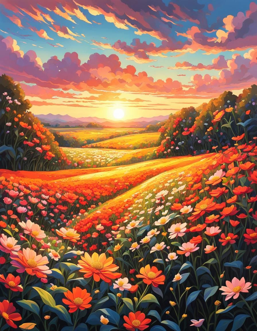 Anime Flower Field Sunset with Intense Colors