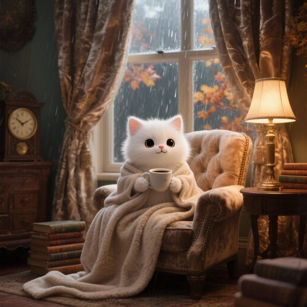 Adorable Chibi Kitten Enjoys Coffee by Autumn Window