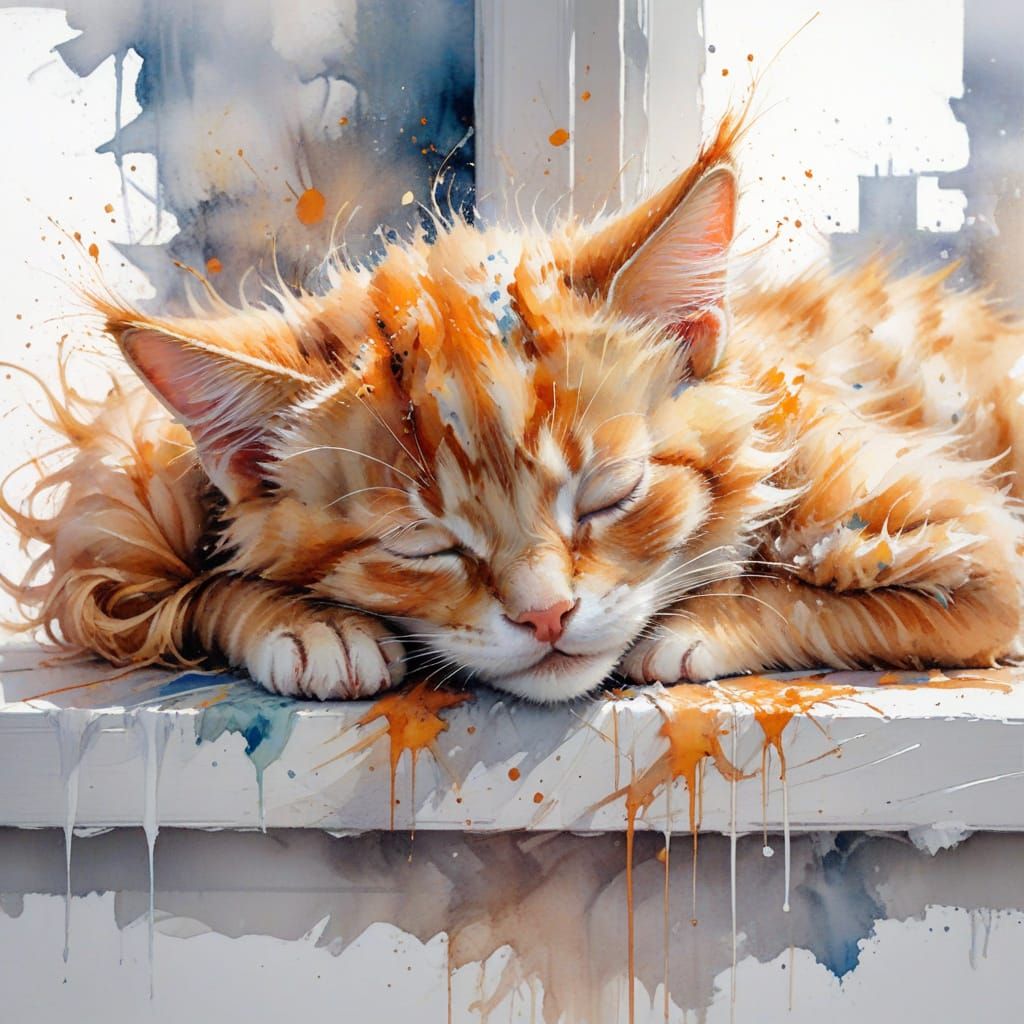 Orange Tabby Kitten Sleeping: Watercolour Painting