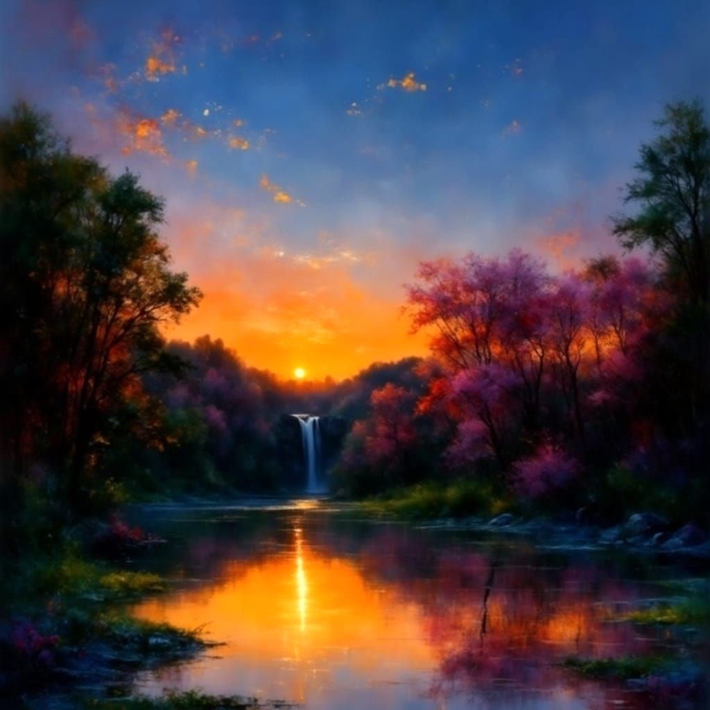 Surreal Sunset Amidst Shimmering Waterfall