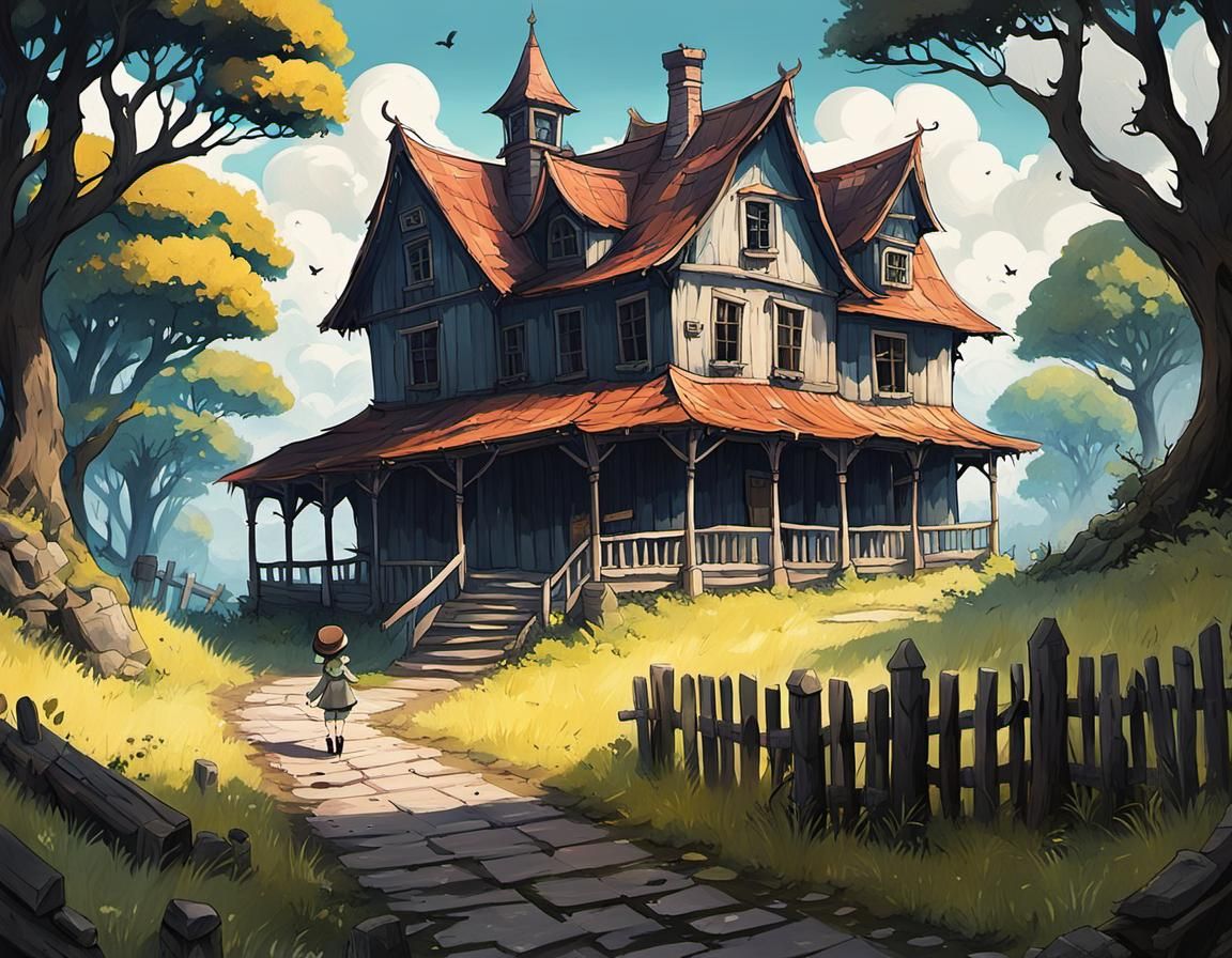 Fantasy Gouache Painting: Girl and Abandoned Building