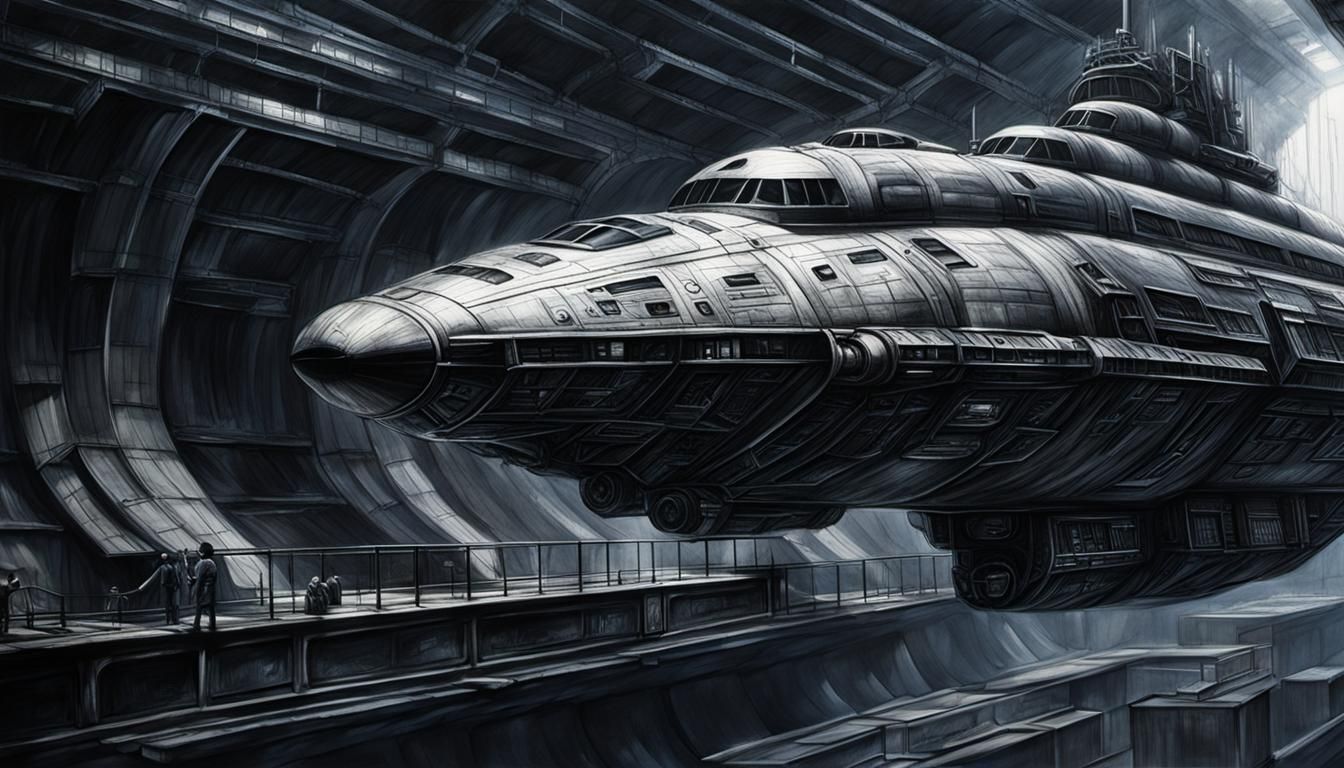 Futuristic Spaceship in Dry Dock: Charcoal Drawing