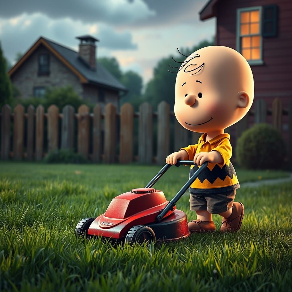 Hyperrealistic Charlie Brown Cutting the Lawn in a Vibrant N...