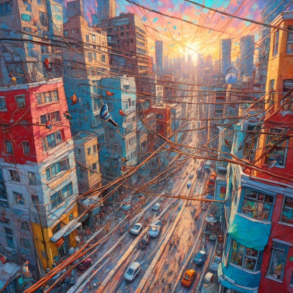 Sparrow on High Wire in Neo-Impressionist Oil Painting