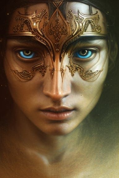 Ornate Wooden Warrior Portrait with Glowing Aura