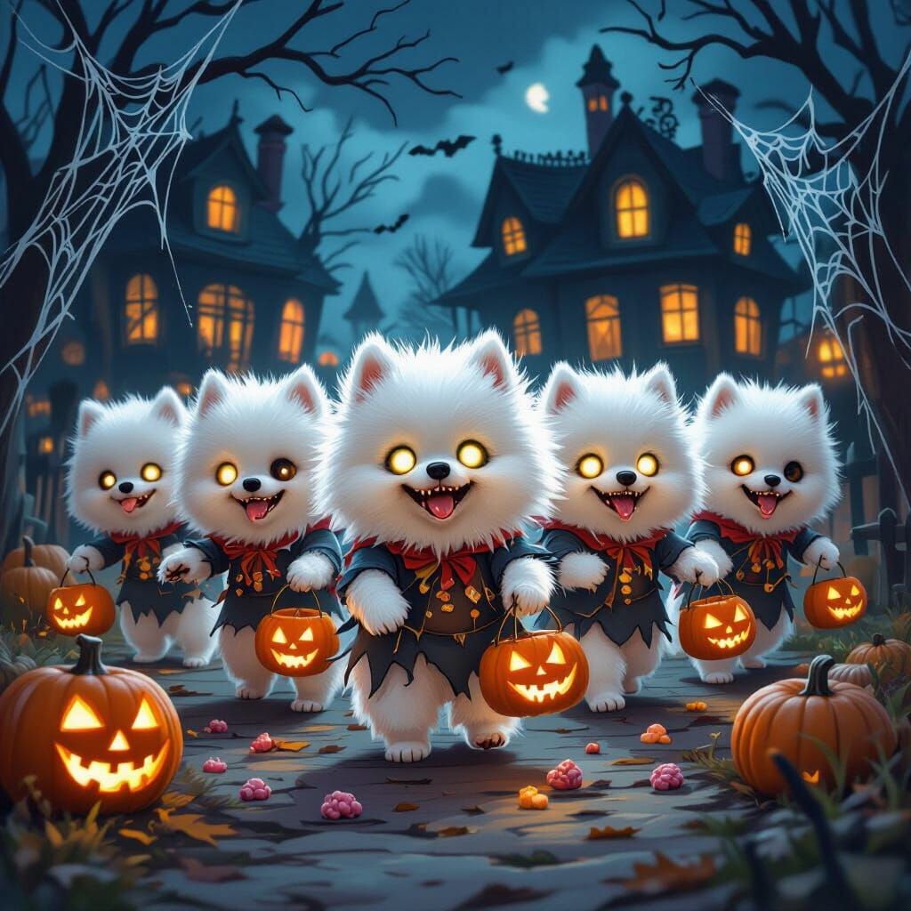 Adorable Zombie Pomeranians Trick-or-Treating on Halloween N...