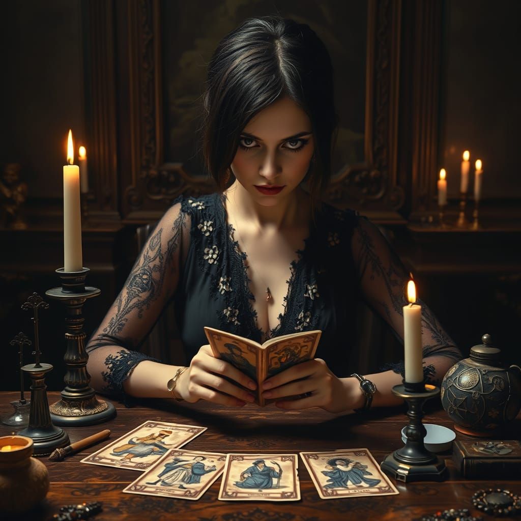 Dark Tarot Reader in Victorian Biomechanical Style