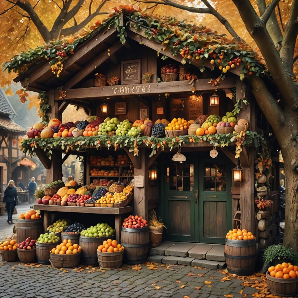 Fantasy Village Fruit Stand in Autumn Sunlight