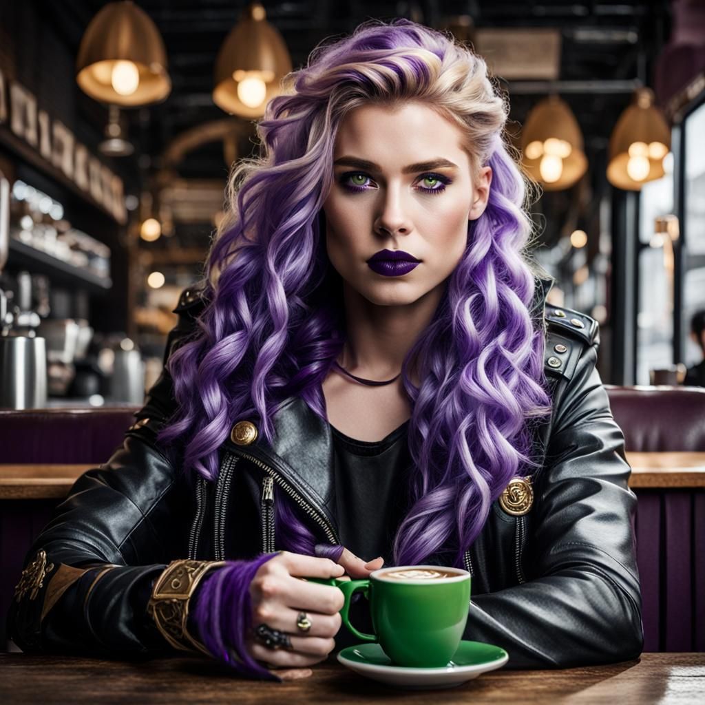 Valkyrie with Viking Features Drinking Coffee