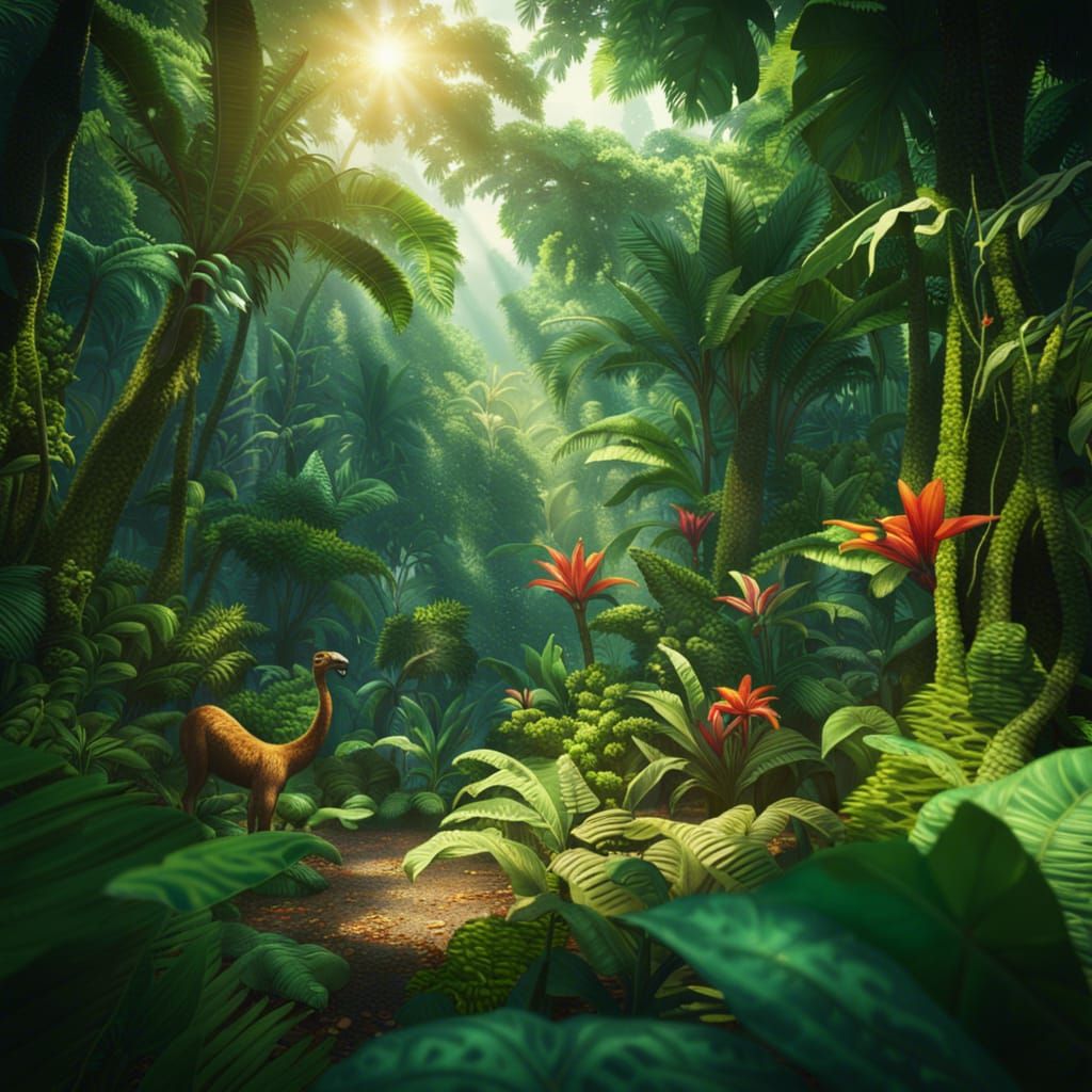 Lush Rainforest Scene with Exotic Animals