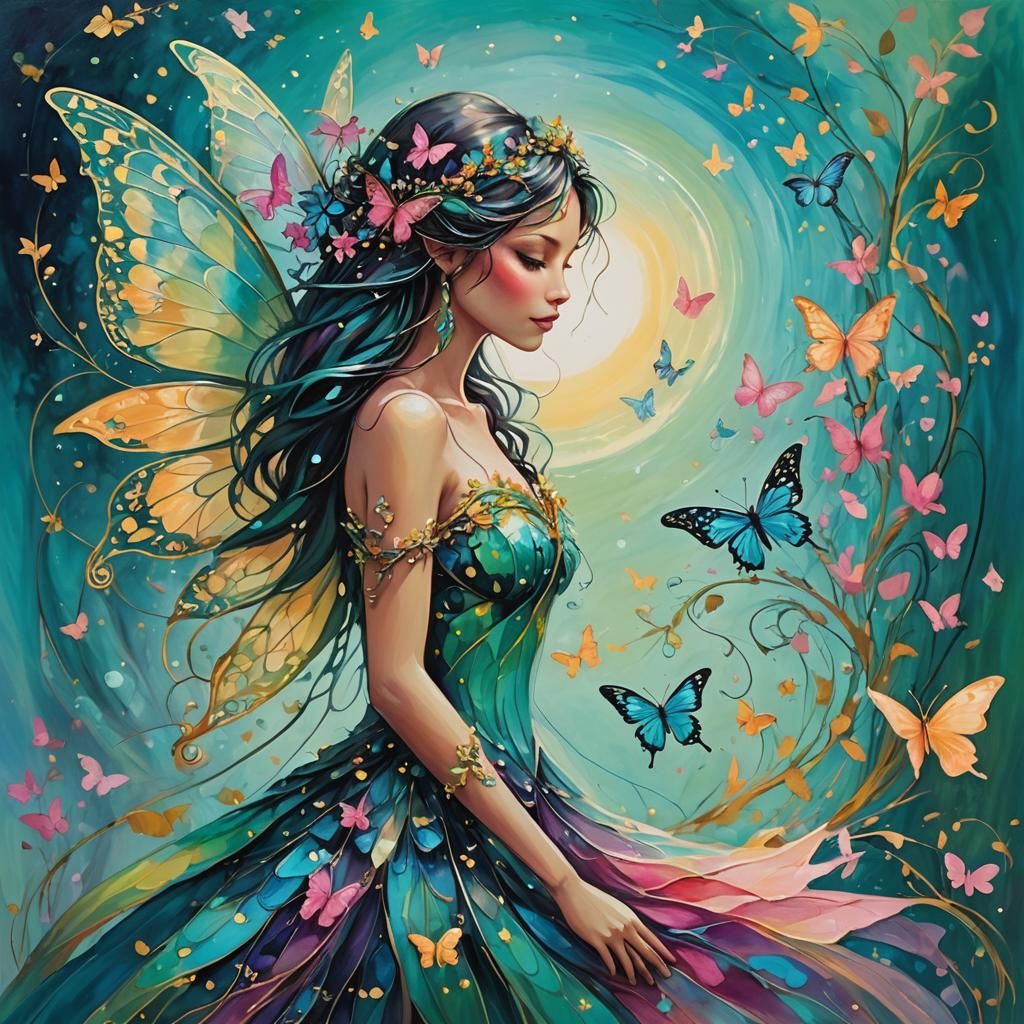 A stunning, vibrant painting of a female fairy silhouette elegantly entwined with a butterfly, showcasing a harmonious b...