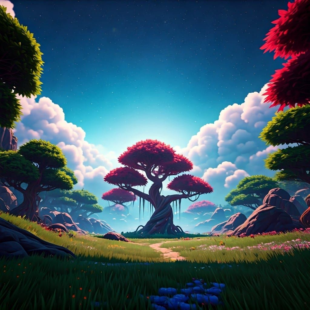 Dreamlike Landscape with Lush Greenery and Stardust Sky