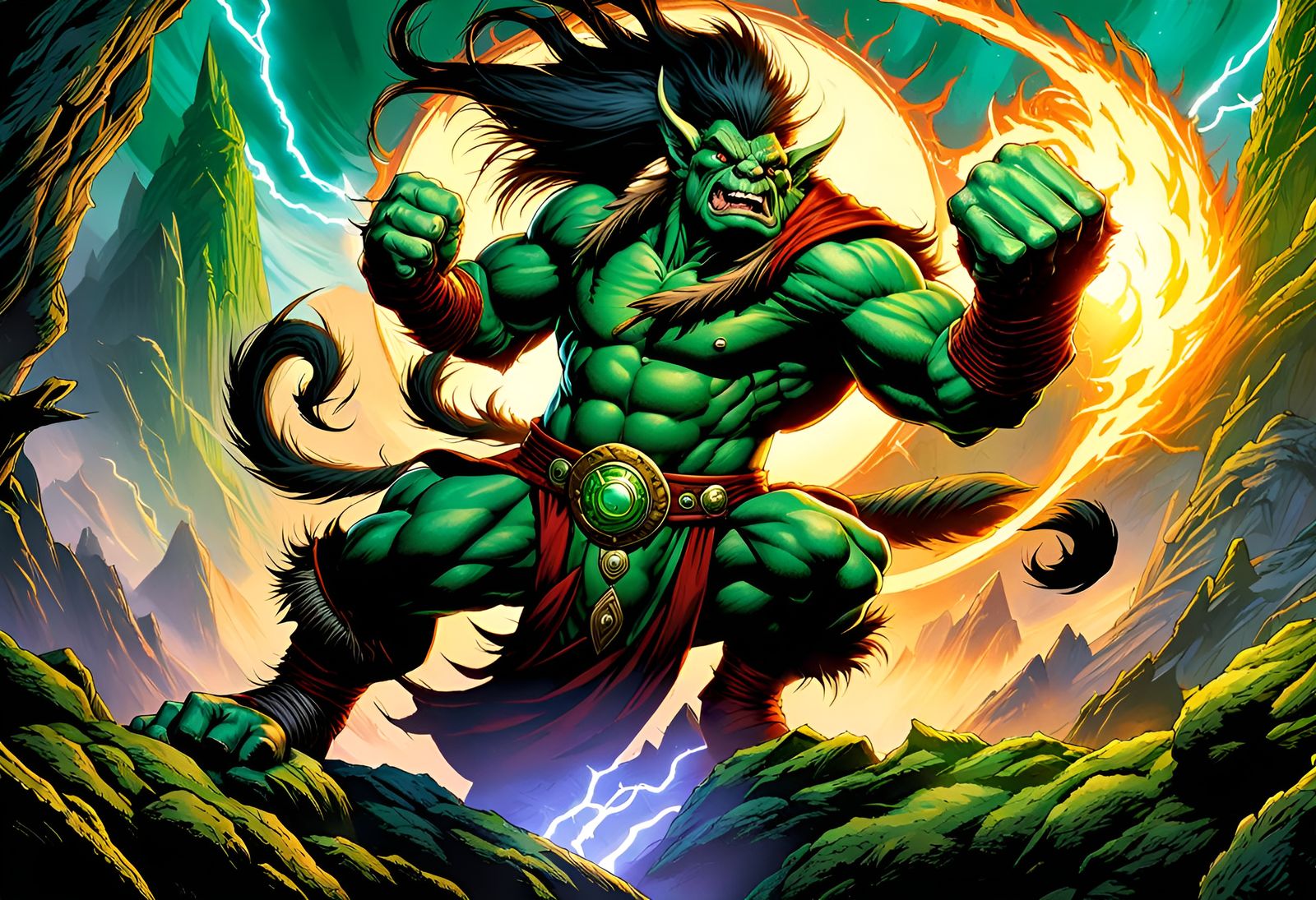 A green Troll Druid Pugilist who has huge Fists, his Fists radiate green energy. by artist Svetlin Velinov, MTG, D&D, di...