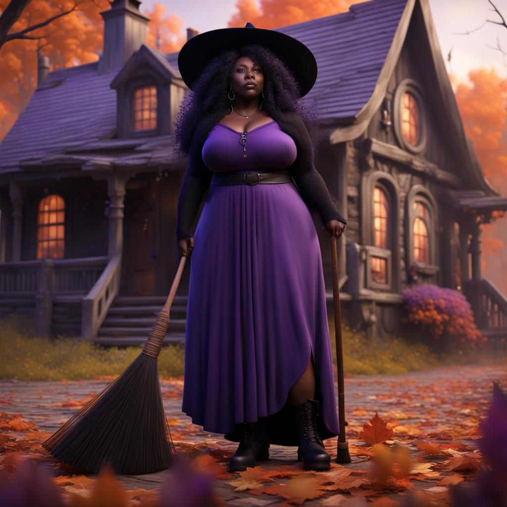Black Witch in Front of Fall Cottage, Fantasy Art