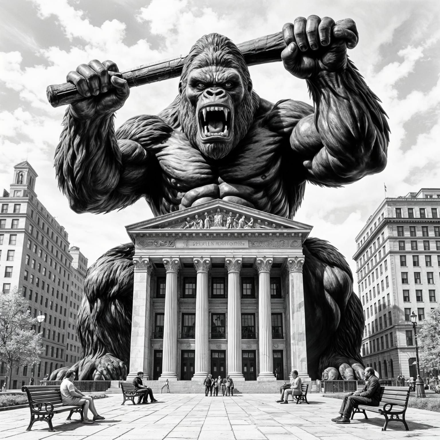 Surreal Gorilla Statue Threatens Cityscape in Charcoal Drawi...