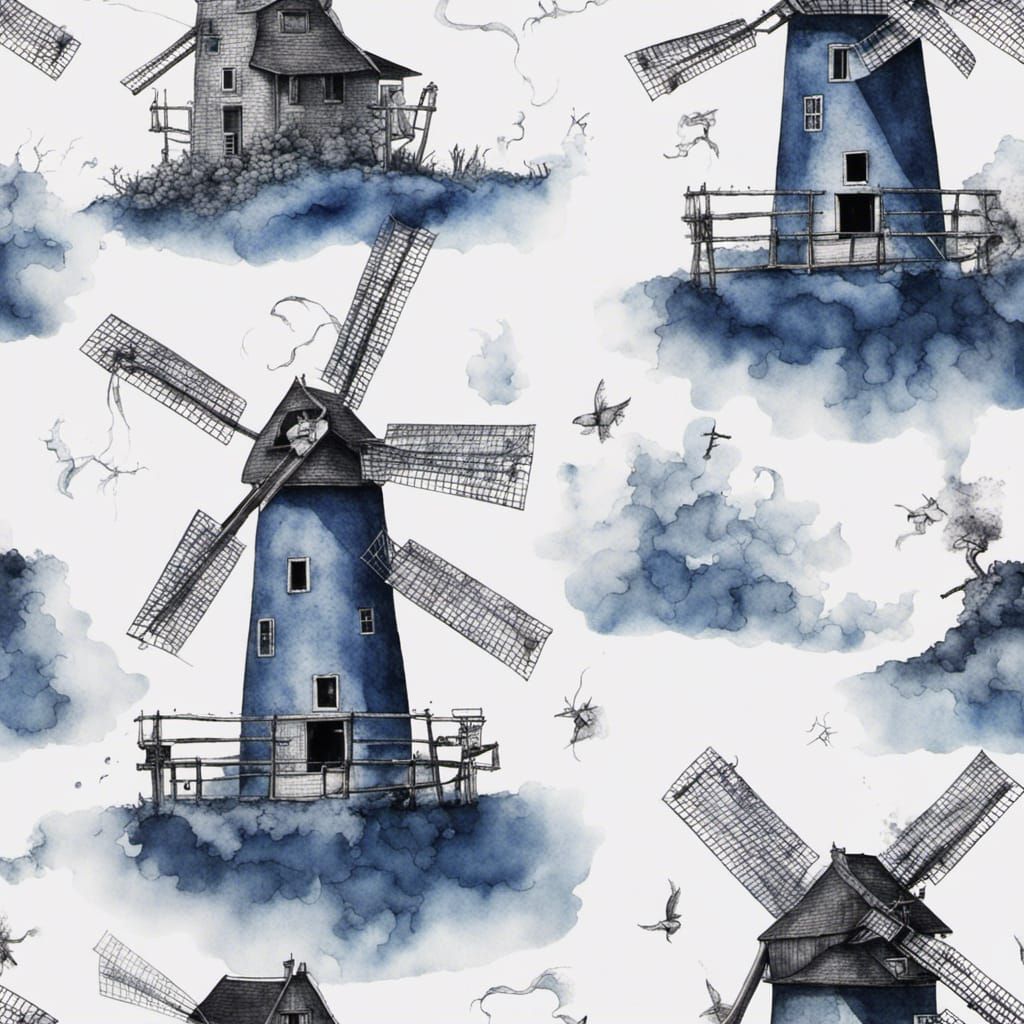 Blue Watercolour Windmill Emerging from Ink Swirl