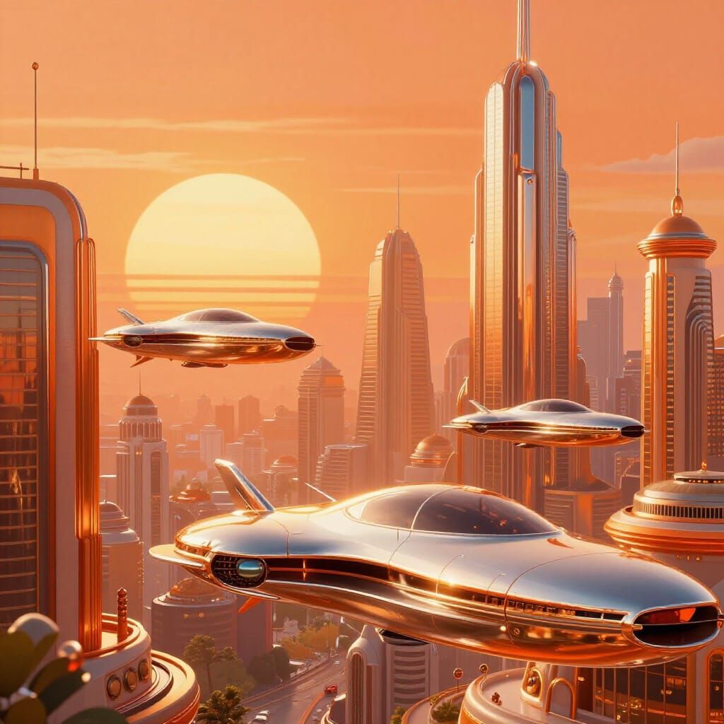 Retro-Futuristic Cityscape at Sunset