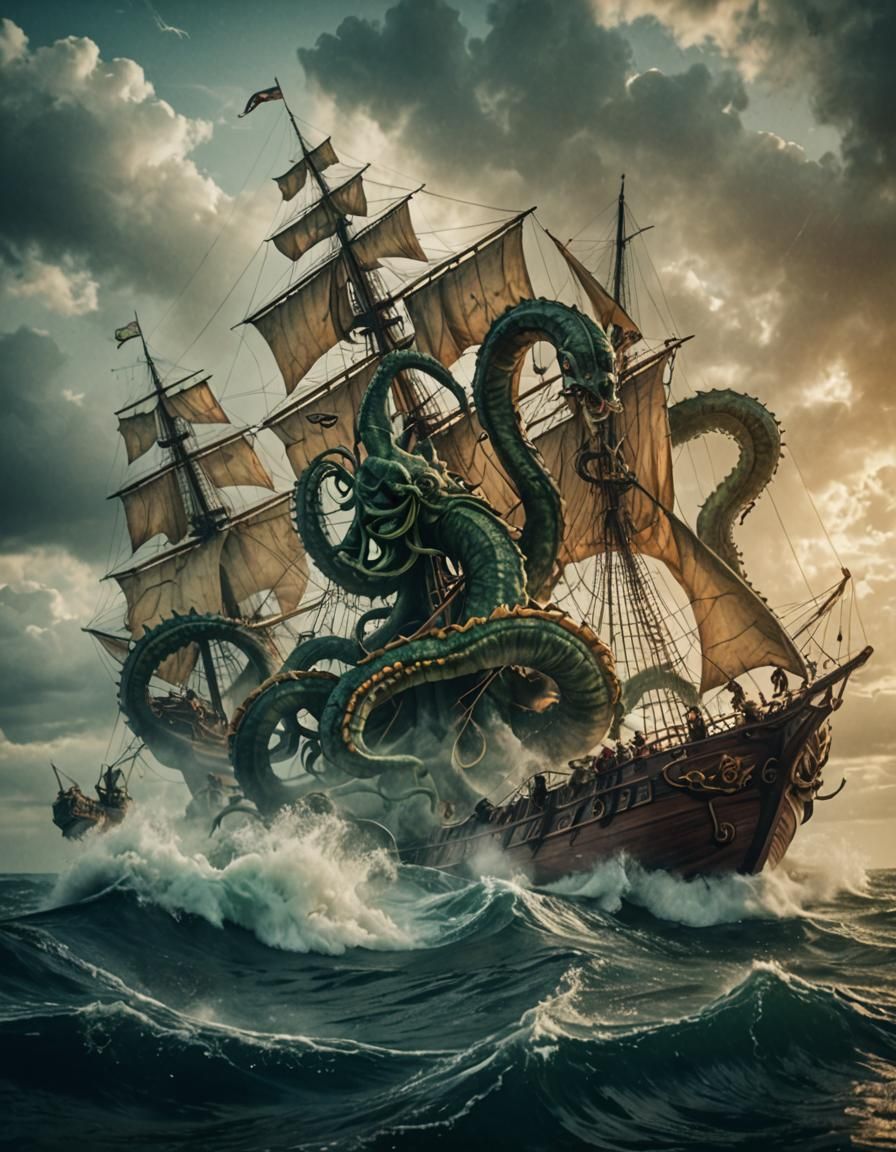 Kraken Attacks Sailing Vessel: Cinematic Film Still