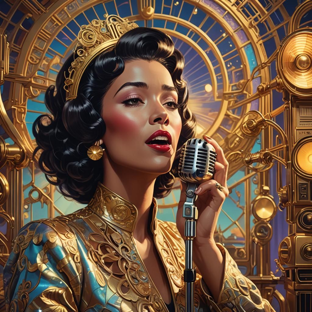 Vintage Singer with Golden Notes, Retro Matte Painting