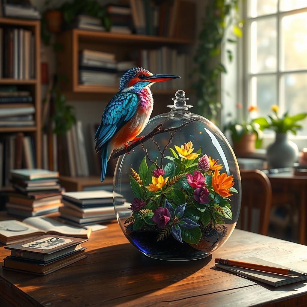 Bioluminescent Kingfisher Shines in Glass Terrarium