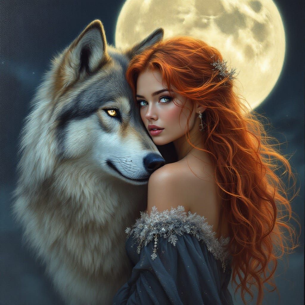 Surreal Goddess Under Moonlight with Majestic Wolf Companion